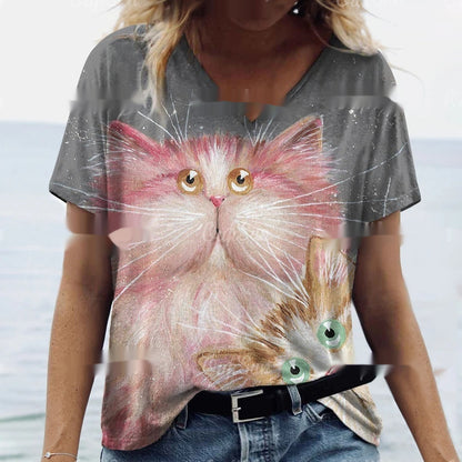 Women's Summer Cat Print Casual Short Sleeve