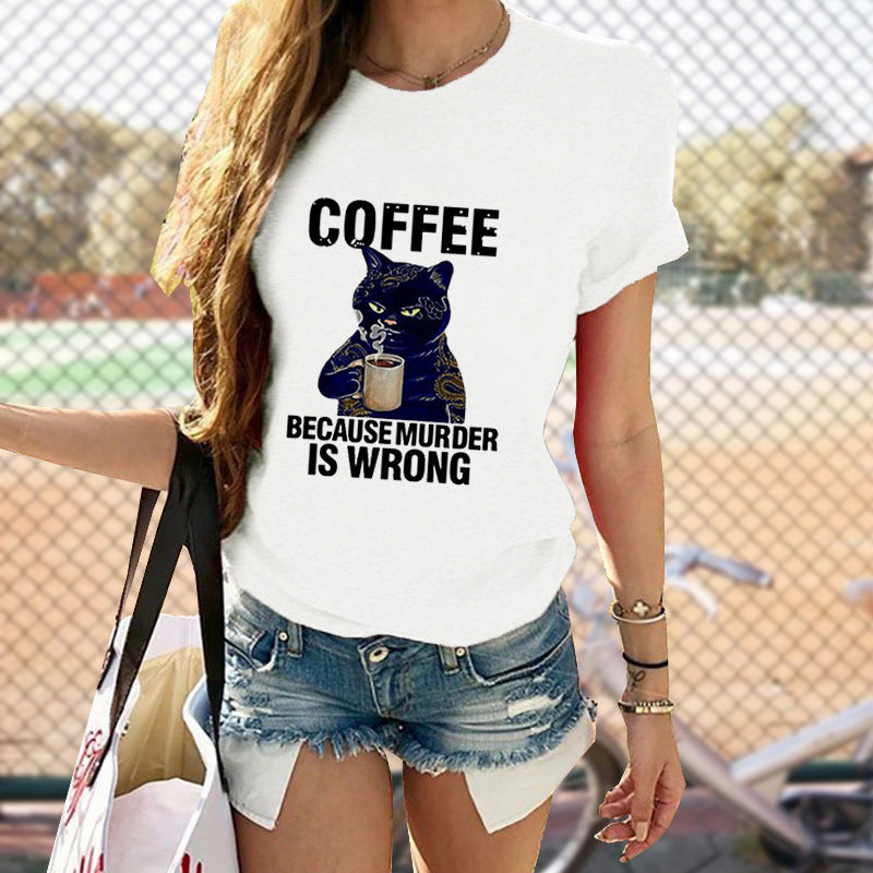 Cat Cute Print T-shirt Round Neck Short Sleeve Top