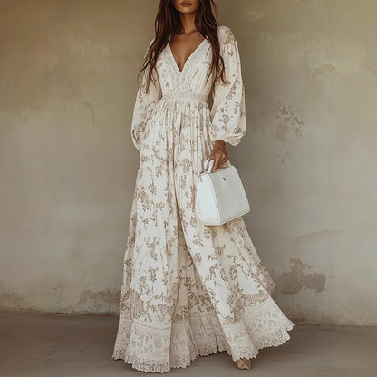 Casual Western-style AutumnWinter Long-Sleeve Printed Lace-Trimmed Dress