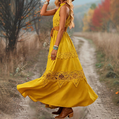 Womens Lace-Patchwork Ethnic-Style Sleeveless Dress