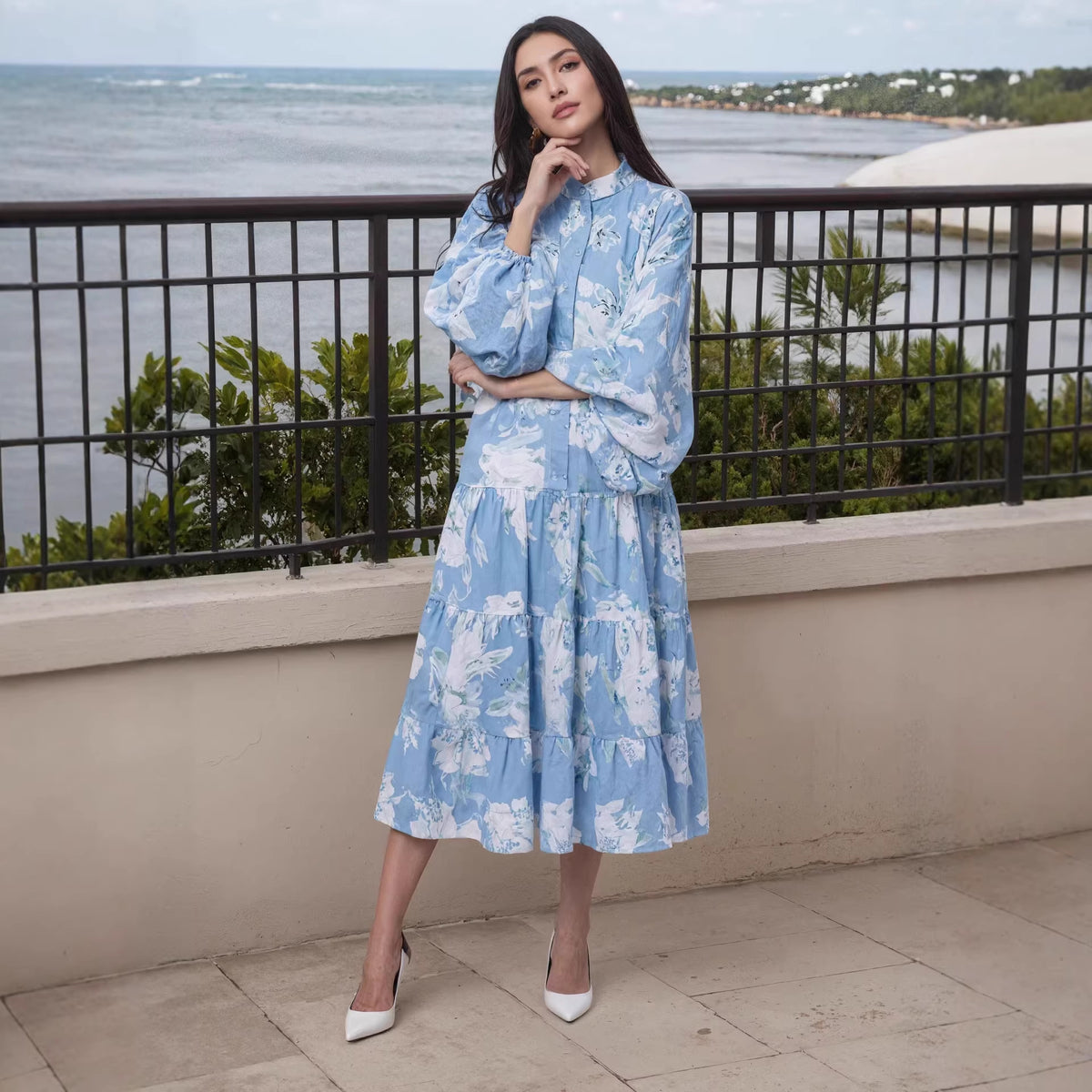 Womens Casual Printed Lantern-Sleeve Dress
