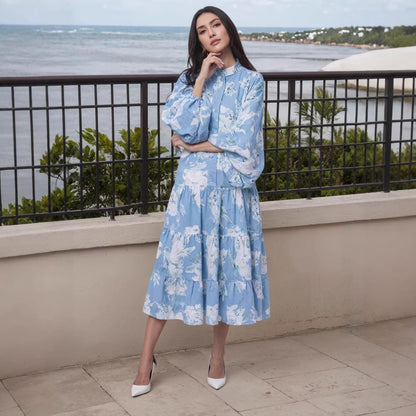 Womens Casual Printed Lantern-Sleeve Dress