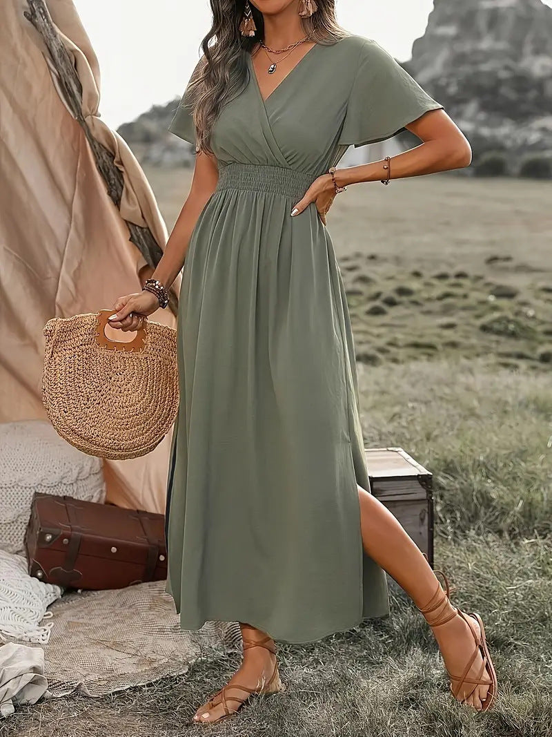 V-neck Long Skirt Casual Resort Short-sleeve Dress