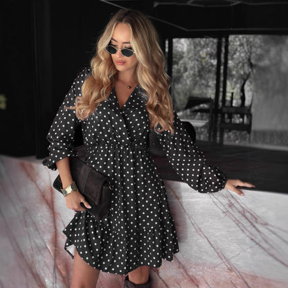 Womens Fashion Polka-Dot V-Neck Long-Sleeve Elastic-Waist Dress