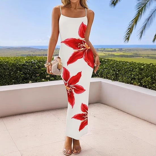 Women's Sling Flower Print Slim Fit Dress Long