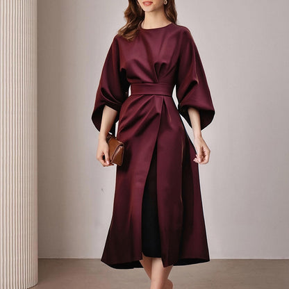 Fashionable Casual Everyday Commuter Solid-color Crew-neck Lace-up Dress
