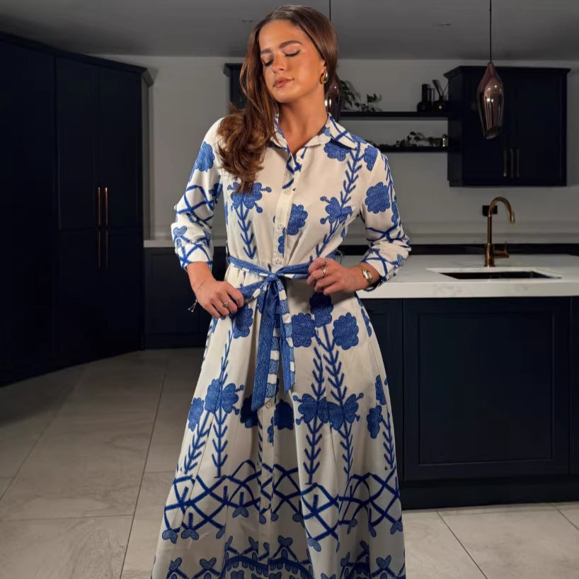 Womens Printed Defined-Waistline Long-Sleeve Dress