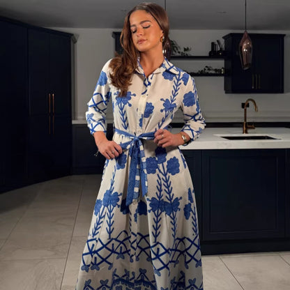 Womens Printed Defined-Waistline Long-Sleeve Dress