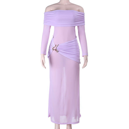 Womens Elegant Solid-Color Mesh Off-the-Shoulder Long-Sleeve Sheer Bodycon Dress