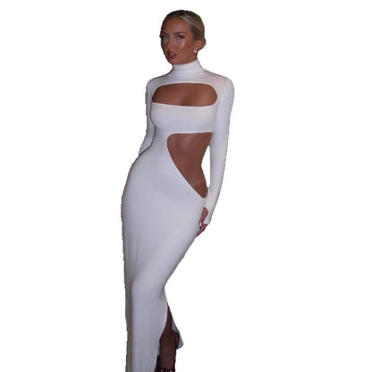 Womens Fashionable Sexy Solid-Color Long-Sleeve Hollow-Out Dress