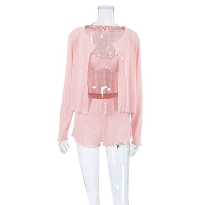 Knitted Skin-friendly Long-sleeved Cardigan Underwear Shorts Three-piece Pajamas