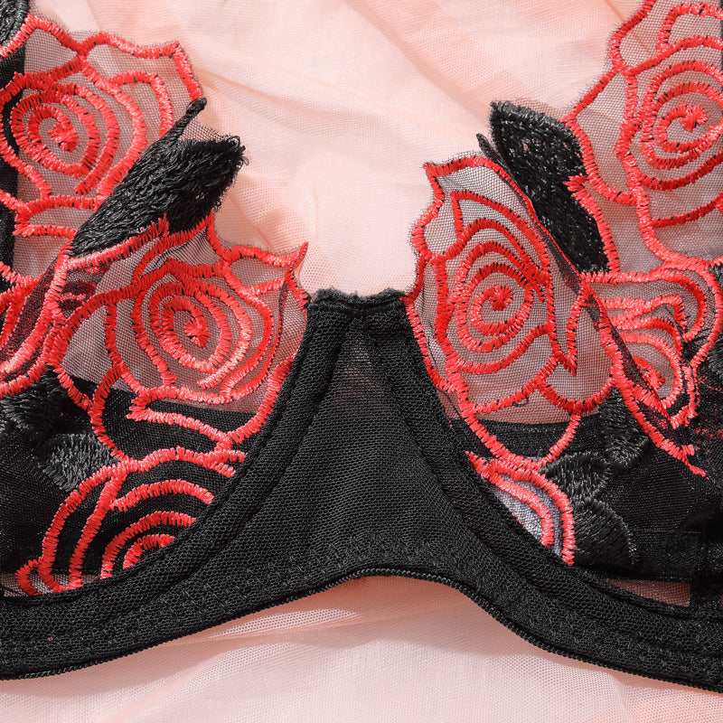Underwear Rose Embroidery Mesh See-through Garter Three-piece Set