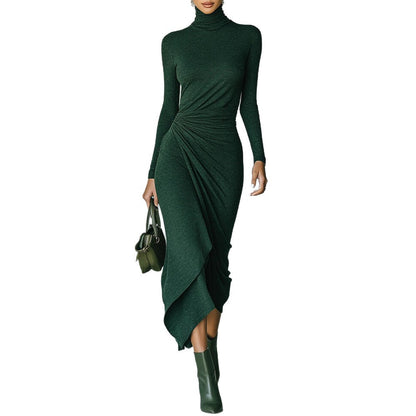Womens High Neck Defined Waist Asymmetrical Wrap Dress