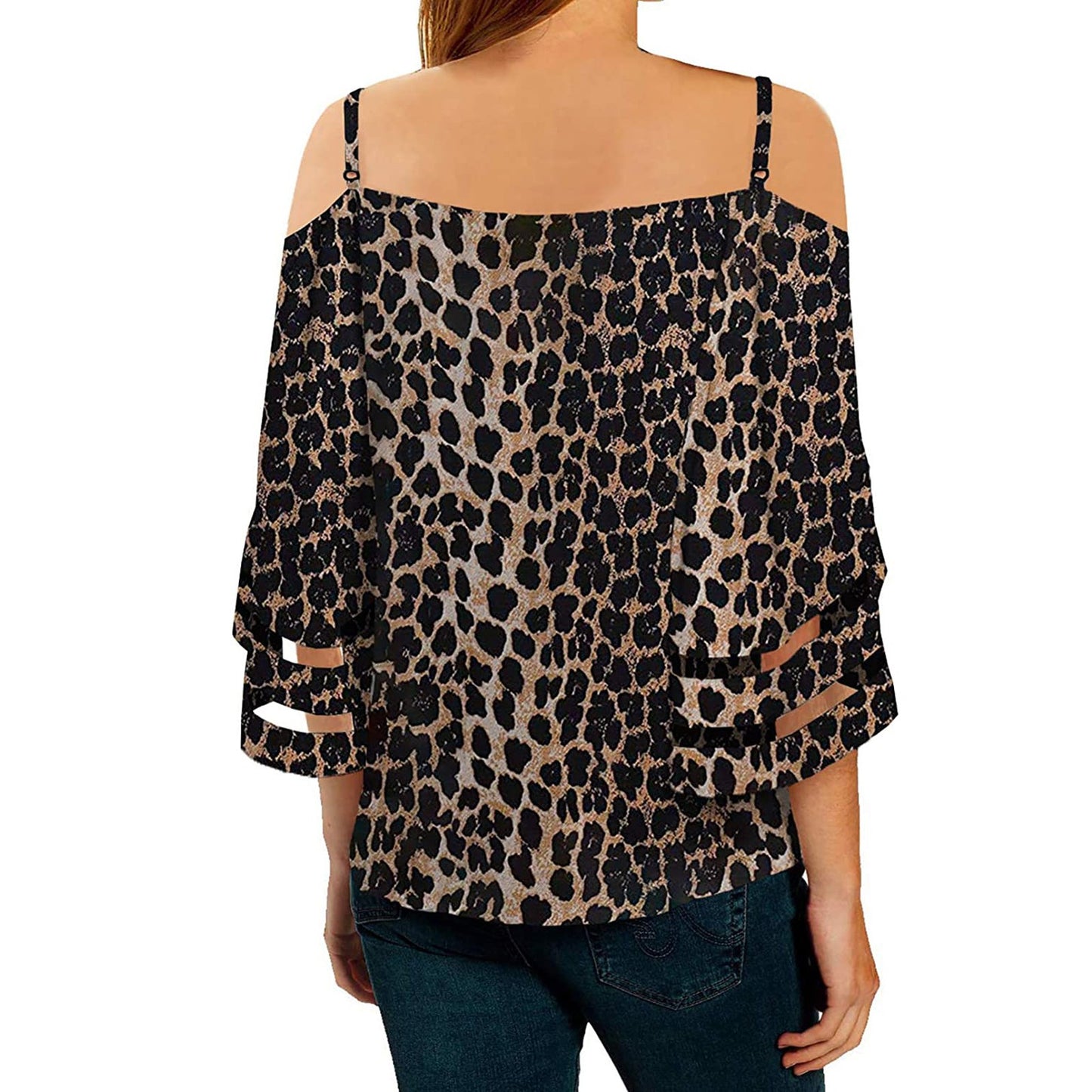 Flared Sleeve V-neck Printed Off Shoulder Sling Top