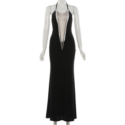 Spring Color-Block Spliced Halterneck Dress With Ties
