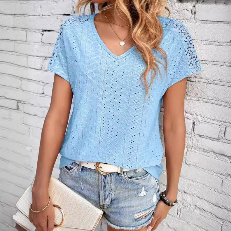 Women's Solid Color And V-neck Top Hollow Mesh Short Sleeve
