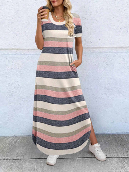 Solid-color Crew-neck Pocket Short-sleeve Dress