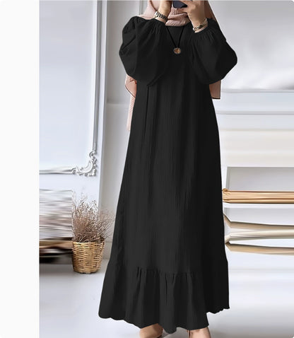 Fashion Solid Color Round Neck Ruffled Long Sleeve Dress