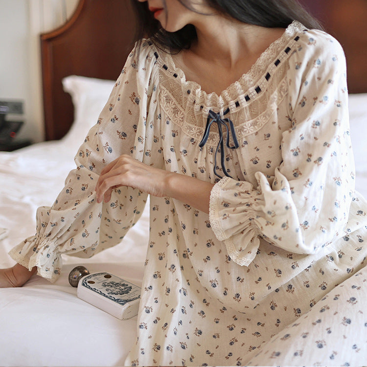 Loose-fitting Floral Nightgown With A Double-layered Gauze Design And Built-in Chest Pads