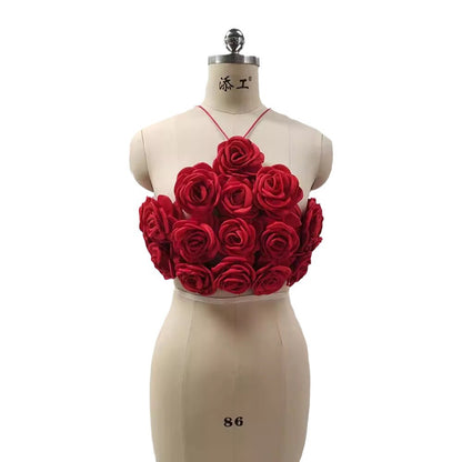 Fashion Three-dimensional Rose Woven Halterneck With Suspenders Hot Girl Top Pure Desire
