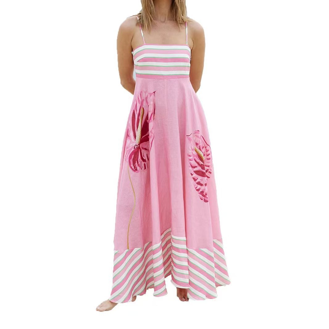 Elegant Printed Striped High-Waist Swing Dress