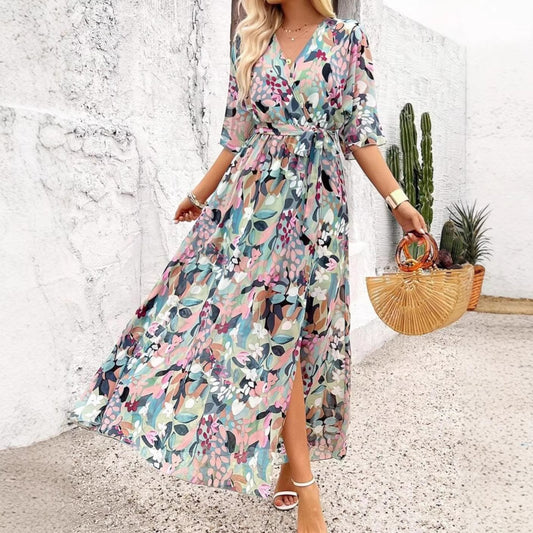 Elegant Chic Printed Lace-up Split Dress