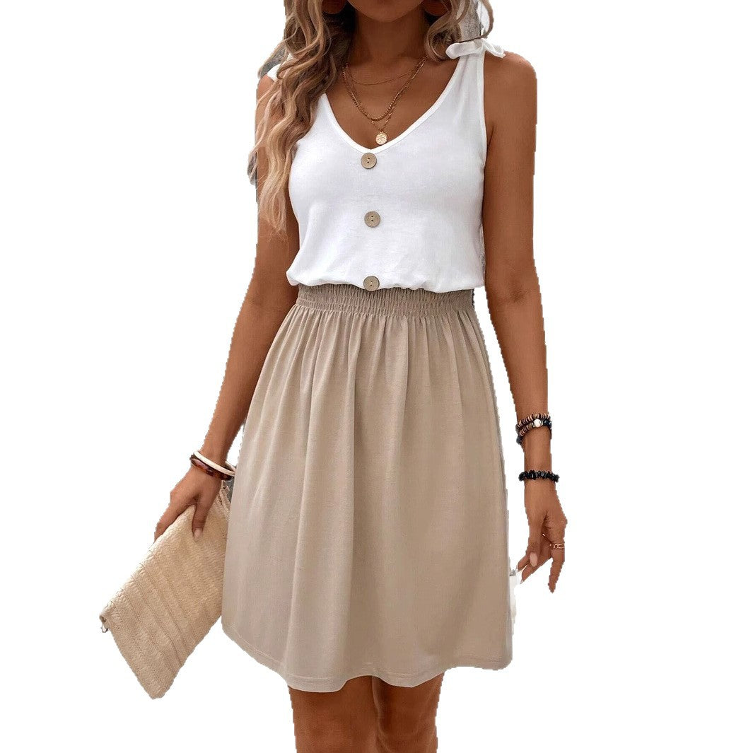 Spring Summer New Womens Dress Sleeveless Waist-Cinched Color-Block Design With Coconut-Button Details