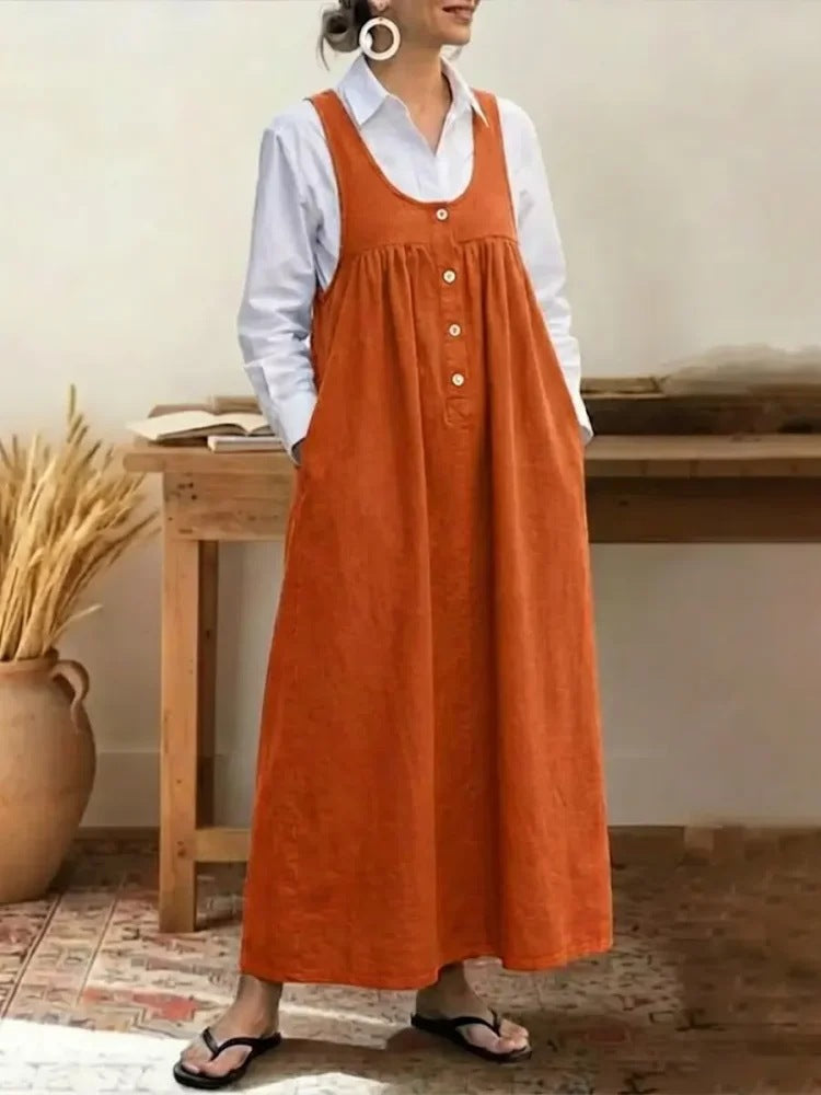 Solid-color Button-up Suspender Dress Sleeveless Loose-fit Casual Dress