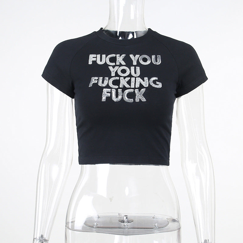 Sequin Alphabet Print Casual Skinny Short Sleeve Simple Hong Kong Style Crop Top