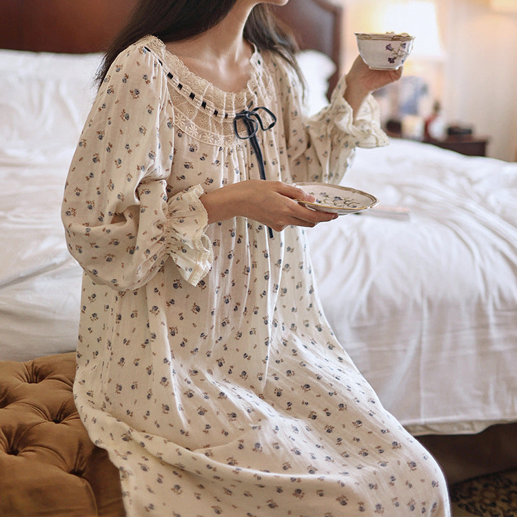 Loose-fitting Floral Nightgown With A Double-layered Gauze Design And Built-in Chest Pads