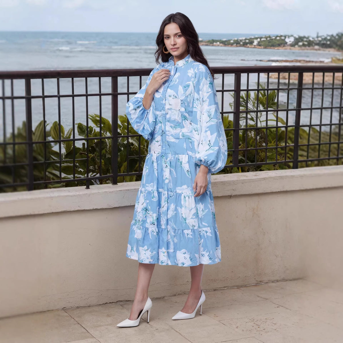 Womens Casual Printed Lantern-Sleeve Dress