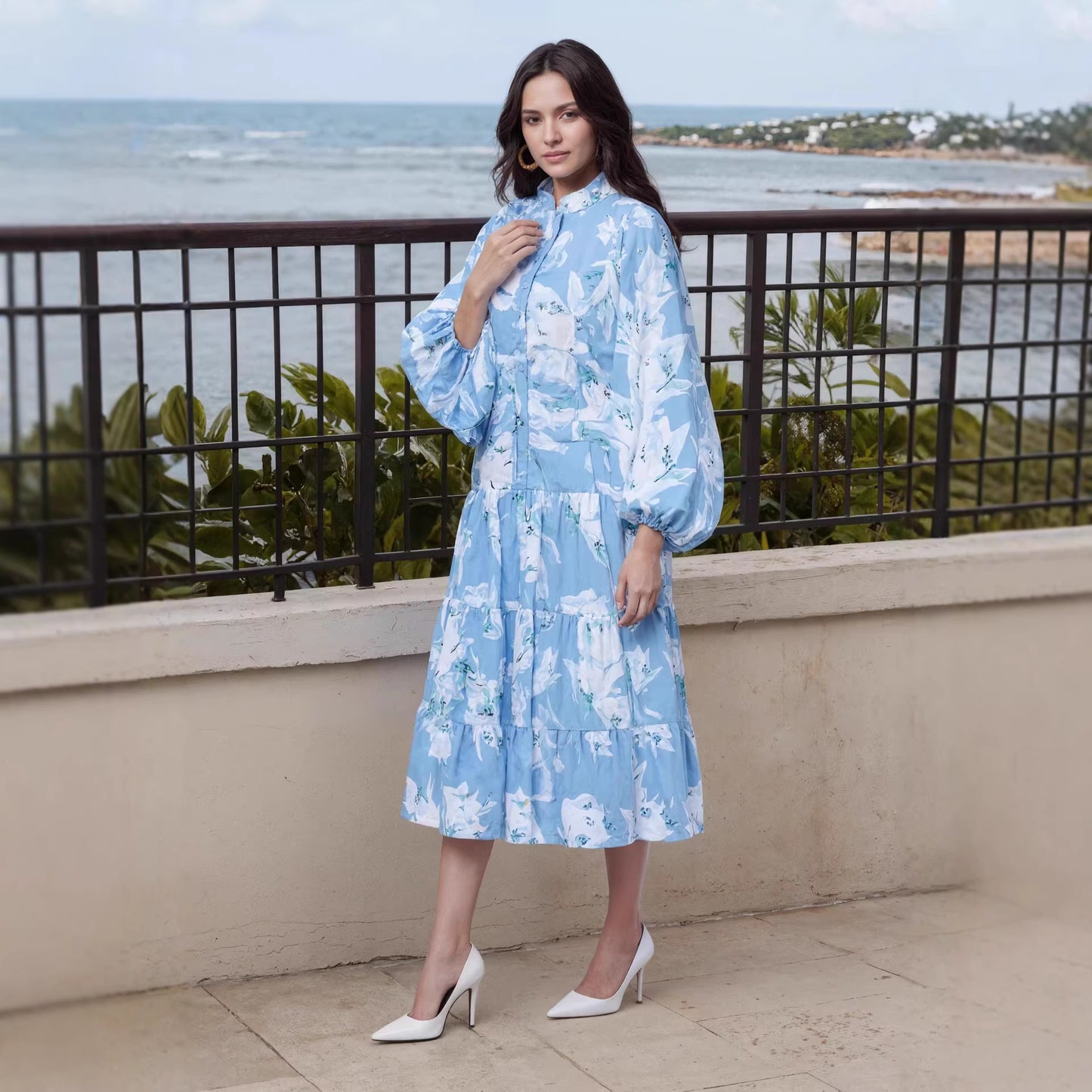 Womens Casual Printed Lantern-Sleeve Dress