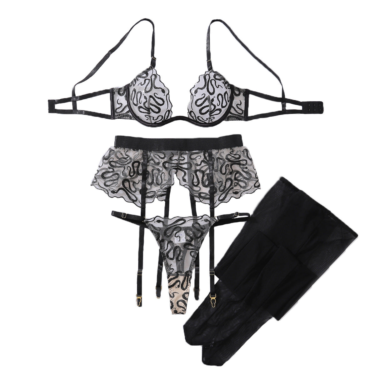 Fashion Snake Pattern Embroidered Ribbon Stockings Body Shaping Thin Underwear Set
