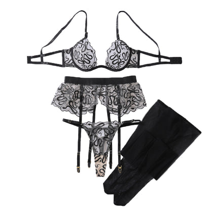 Fashion Snake Pattern Embroidered Ribbon Stockings Body Shaping Thin Underwear Set