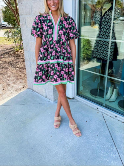 Retro Ink Printed A-line Umbrella Dress
