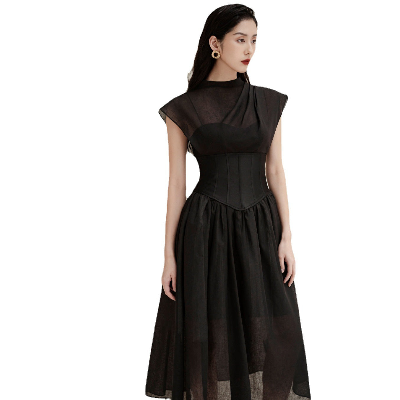Womens Solid-Color Pleated High-Waist Black Sheer Dress That The