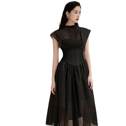 Womens Solid-Color Pleated High-Waist Black Sheer Dress That The