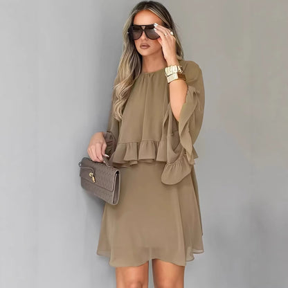 Loose-fit Ruffled-hem Round-neck Long-sleeve Chiffon A-line Dress