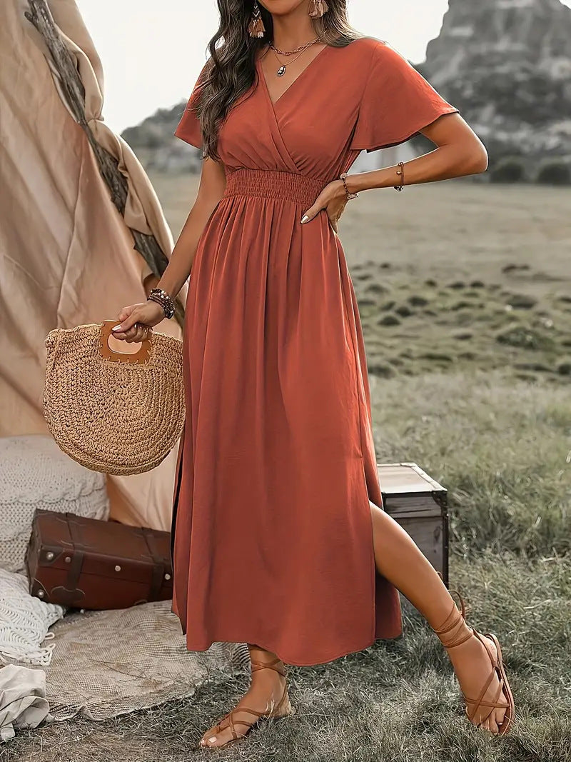 V-neck Long Skirt Casual Resort Short-sleeve Dress