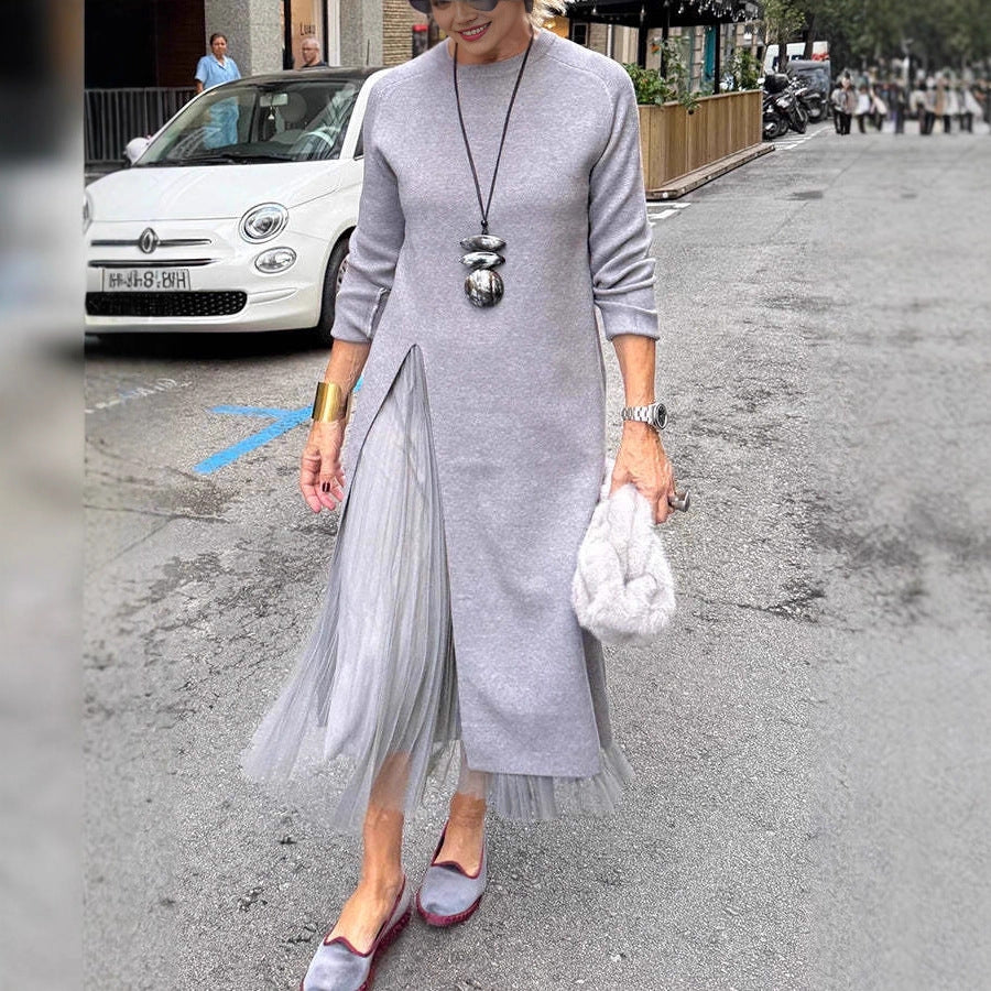 Womens Casual Knitted V-Neck Split-Joint Mesh Dress