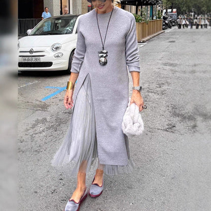 Womens Casual Knitted V-Neck Split-Joint Mesh Dress