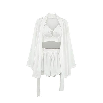 Chiffon Long-sleeved Sexy Underwear Slit Shorts Three-piece Pajamas
