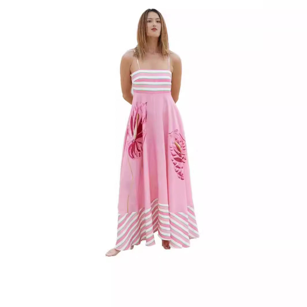 Elegant Printed Striped High-Waist Swing Dress