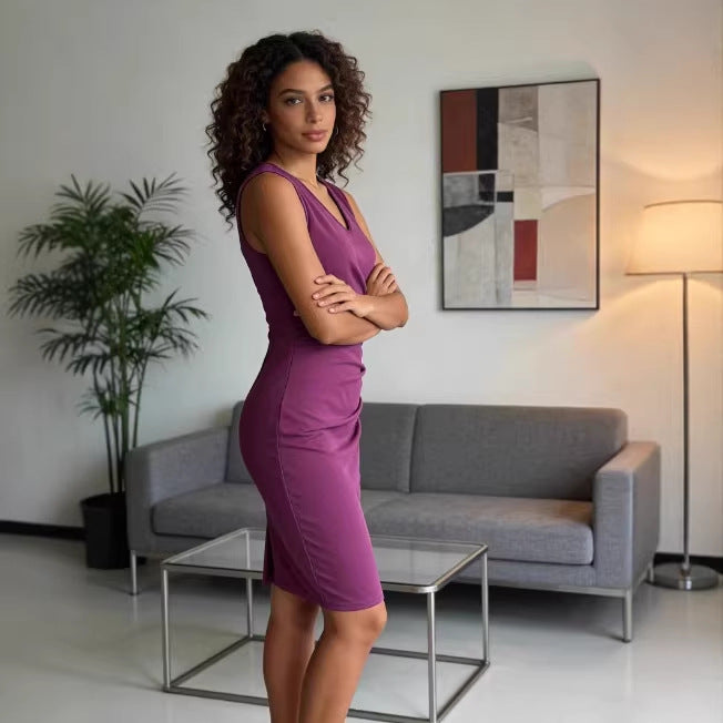 Solid-color V-neck Sleeveless Fashion Casual Dress