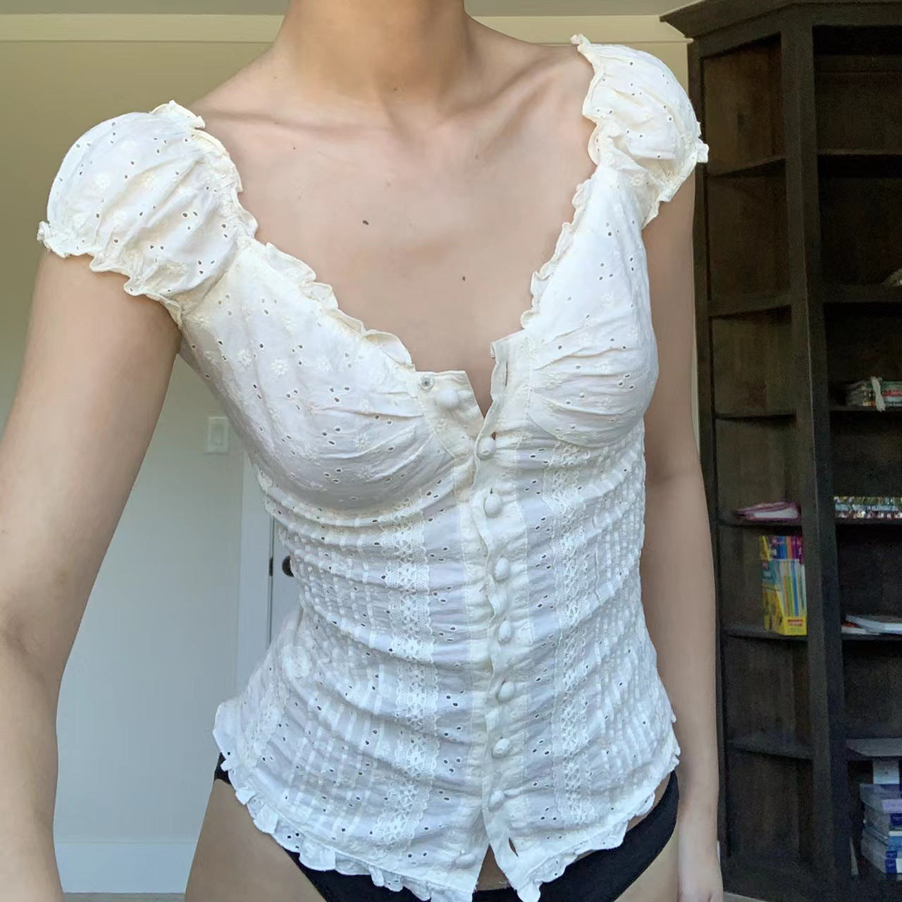 New Women's Pleated Shoulder Low Neck Button Folding Lace Tight Top