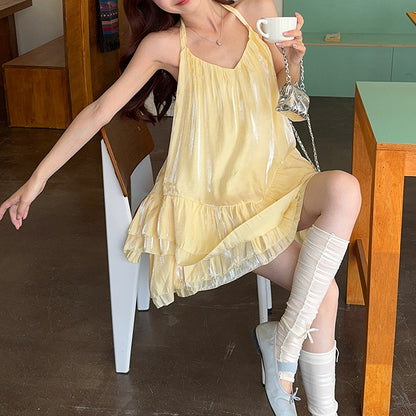 Womens Solid-Color Loose Irregular Puffy Slip Dress