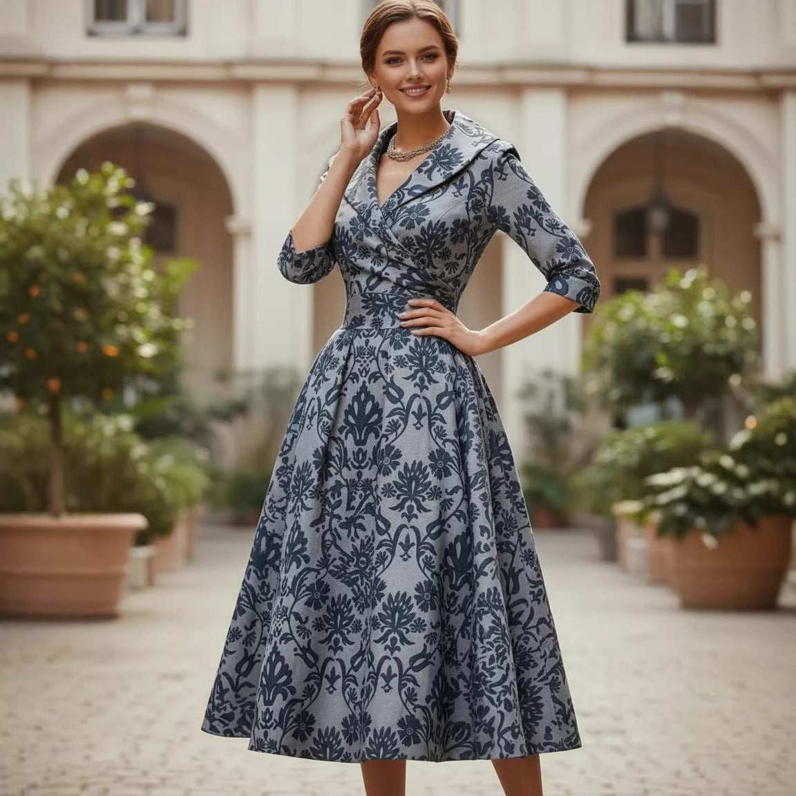 Three-quarter-sleeve Womens Maxi Dress