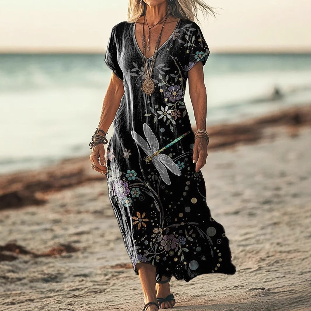 Creative Floral Womens V-Neck Short-Sleeve Dress