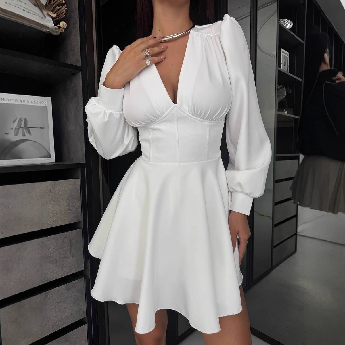 V-neck Puff-sleeve High-waisted A-line Elegant Dress