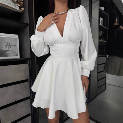V-neck Puff-sleeve High-waisted A-line Elegant Dress
